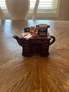 Vintage Mouse at Writing Desk Teapot Music Box - Plays